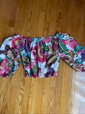 Rachel Zoe White Off-Shoulder Floral Crop Top with Pink and Green Accents